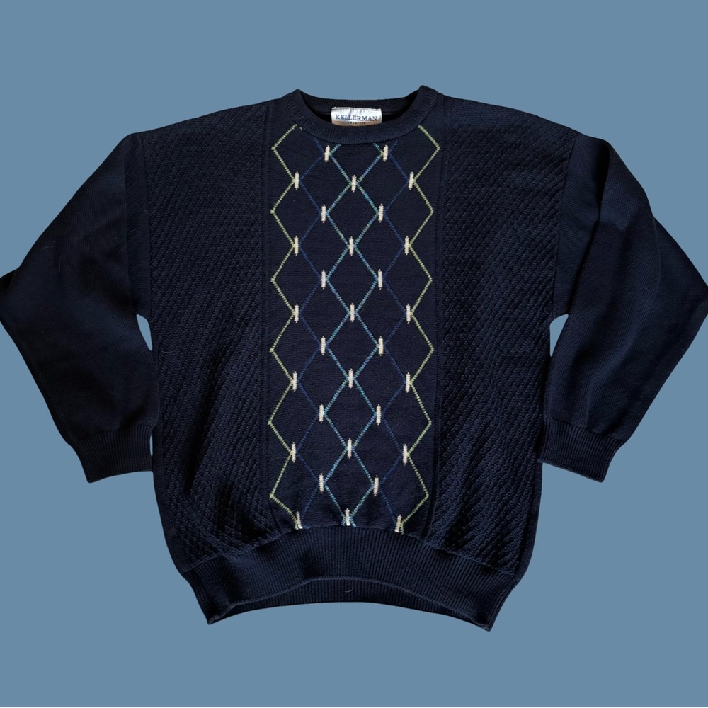 Vintage Kellerman Sweater Diamond Argyle Pattern Knit Crew Neck Made in Ireland